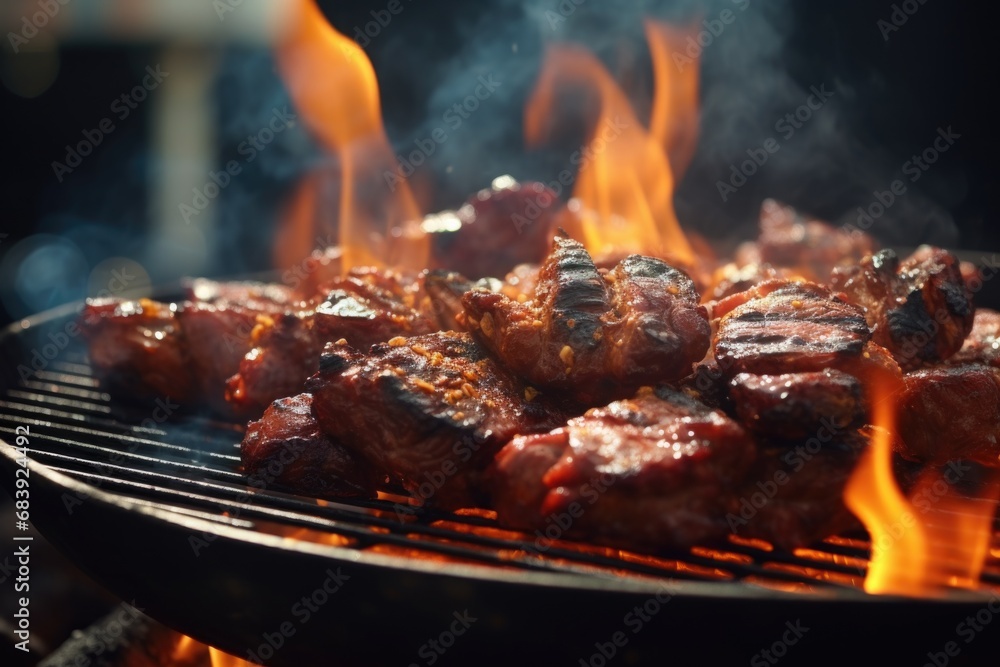 A detailed view of a grill with sizzling meat cooking on it. Perfect for barbecue and outdoor cooking concepts
