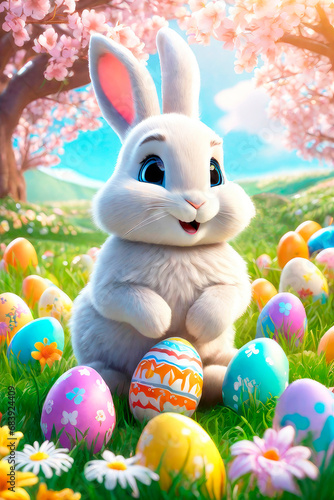 Easter greeting card with bunny, colourful eggs and flowers, 3d render modern illuatration.