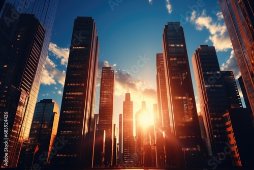 A view of a city with tall buildings. This image captures the urban landscape and the impressive height of the buildings. Perfect for illustrating city life and modern architecture
