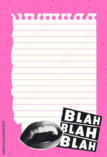 Templates for social media posts or stories. Trending posters with halftone collages. Ripped notebook sheets in plaid and line. Can be used for notes or as planner sheets. Vector.