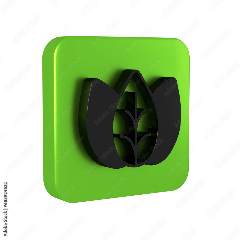 Black Leaf icon isolated on transparent background. Leaves sign. Fresh natural product symbol. Green square button. Black Leaf icon isolated on transparent background. Leaves sign. Fresh natural product symbol. Green square button.