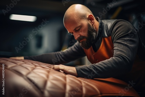 A man wearing an orange apron is seen working on a piece of leather. This image can be used to depict craftsmanship, leatherworking, or a DIY project