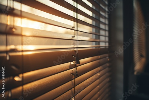 A close-up view of a window with blinds. This image can be used to depict privacy, interior design, or home decor photo