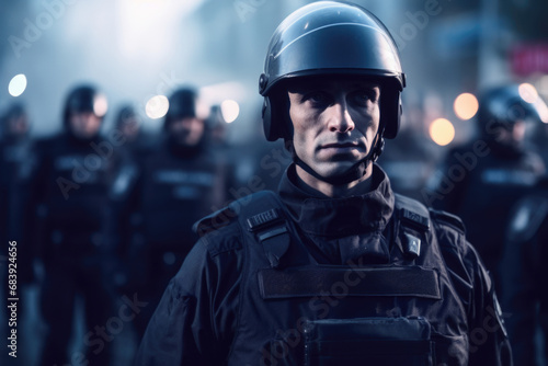 A man in a helmet and uniform stands confidently in front of a group of police officers. This image can be used to represent leadership  teamwork  law enforcement  or command