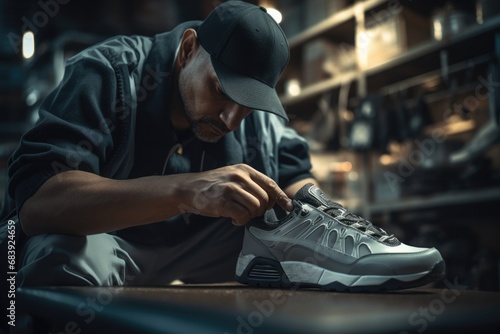 A man diligently working on a pair of sneakers. This image can be used to showcase craftsmanship and attention to detail in the manufacturing or repair of footwear photo