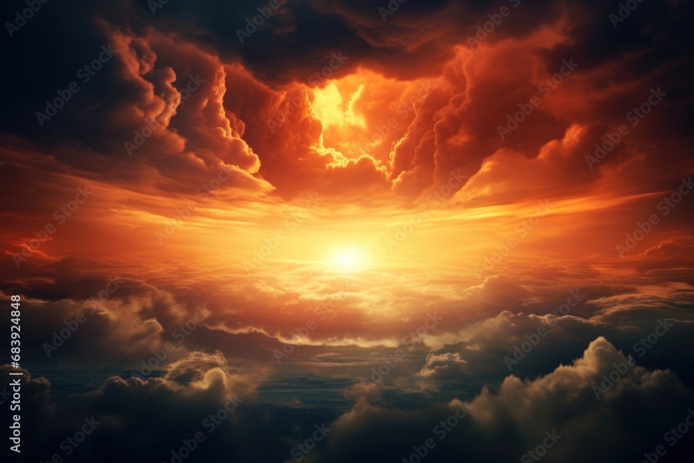 A beautiful image capturing the setting sun as it casts a warm glow over the clouds. Perfect for adding a serene and peaceful touch to any project A beautiful image capturing the setting sun as it casts a warm glow over the clouds. Perfect for adding a serene and peaceful touch to any project