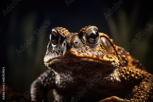 A close-up shot of a toad with large eyes. This image can be used to depict nature, wildlife, amphibians, or animal photography.