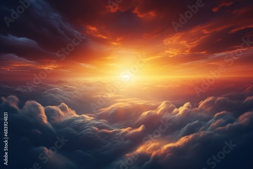 A beautiful sunset as the sun sets over the clouds in the sky. Perfect for nature and landscape backgrounds