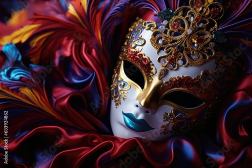 A detailed close-up view of a mask placed on a vibrant red cloth. This image can be used for various purposes, such as theater productions, masquerade parties, or Halloween events photo