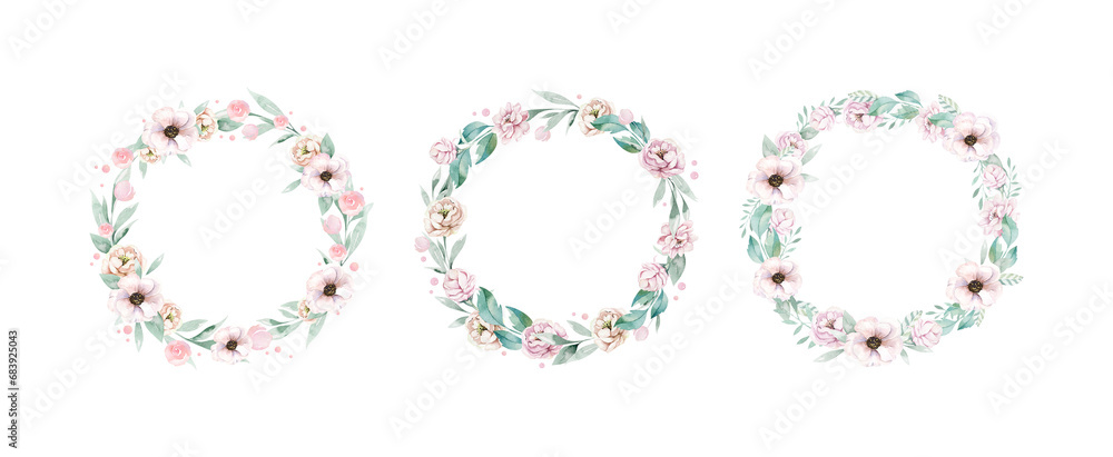 Wreaths, set floral frames and bouquetr, watercolor flowers pink peonies,peony Illustrations hand painted. Isolated on white background. Perfectly for greeting card design.