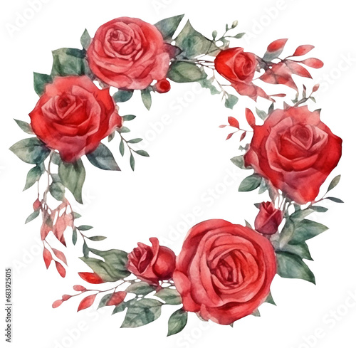 Watercolor illustration of red roses wreath. Ai generated. Transparent background  PNG