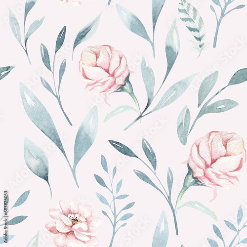 Floral seamless pattern with blossom flowers and green branches  watercolor illustration on white background  print for textile or wallpapers in provence style