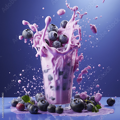 Blueberry milkshake in a glass with splashes and berries on a purple background