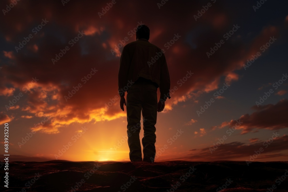 A man is seen standing on top of a hill, with the sun setting in the background.
