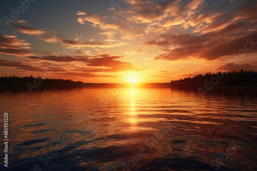 A beautiful sunset over a calm lake. This picture can be used to depict tranquility and the beauty of nature