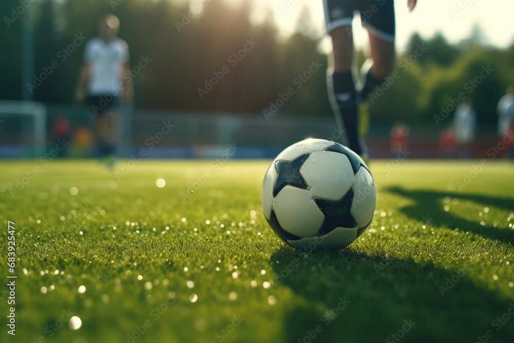 Obraz premium A soccer ball sitting on top of a vibrant and well-maintained green field. Perfect for sports-related projects and designs