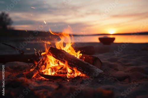 A picturesque scene of a campfire on a beach, with a stunning sunset in the background.