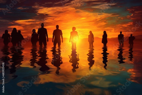 A group of people standing in the water at sunset. This image can be used to depict a serene beach setting or a gathering of friends enjoying the beautiful scenery.