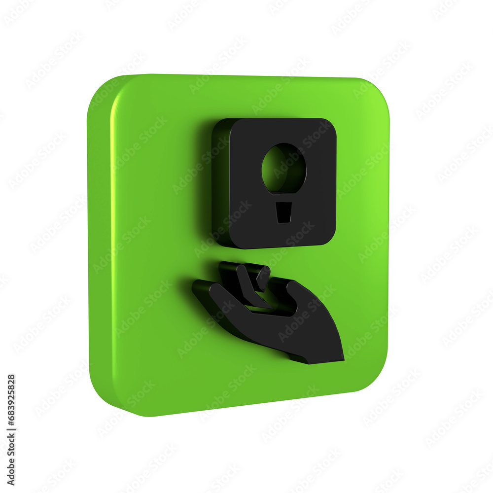Black Light bulb with concept of idea icon isolated on transparent background. Energy and idea symbol. Inspiration concept. Green square button. Black Light bulb with concept of idea icon isolated on transparent background. Energy and idea symbol. Inspiration concept. Green square button.