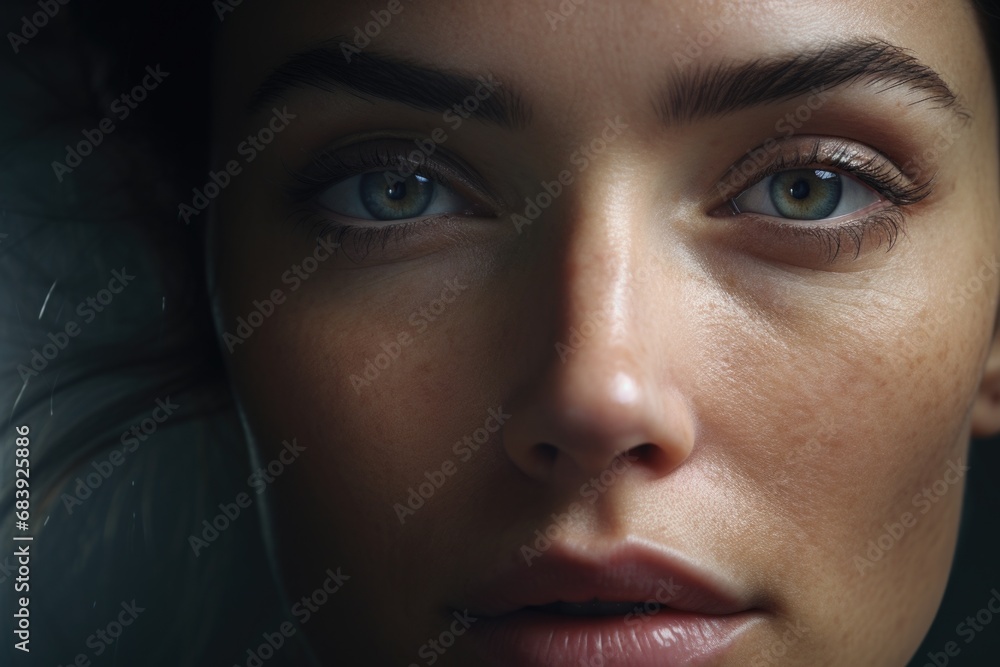 A close up view of a woman's face highlighting her beautiful blue eyes. Perfect for beauty, fashion, or cosmetic-related projects A close up view of a woman's face highlighting her beautiful blue eyes. Perfect for beauty, fashion, or cosmetic-related projects