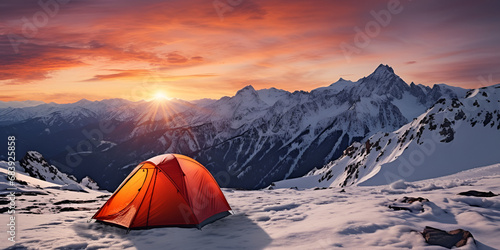 A tent in the snow with a view of the mountains in the background, Mountain Adventure Tent with Dramatic Sky Travel Concept, Tent on the top of the mountain at sunset. Sunrise. Generative Ai