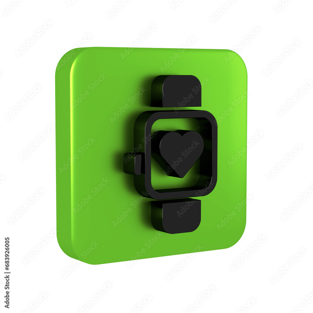 Black Smart watch showing heart beat rate icon isolated on transparent background. Fitness App concept. Green square button. Black Smart watch showing heart beat rate icon isolated on transparent background. Fitness App concept. Green square button.