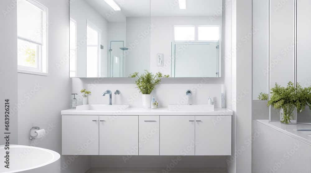 Minimalist White and Silver Petite Bathroom with Floating Vanity and Sleek Tub - Generative AI Minimalist White and Silver Petite Bathroom with Floating Vanity and Sleek Tub - Generative AI