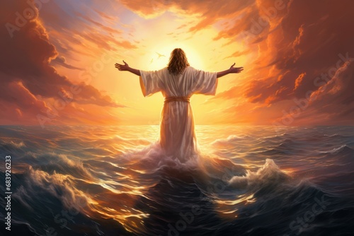 Jesus sea sunset. Sea sun heaven. Generate Ai