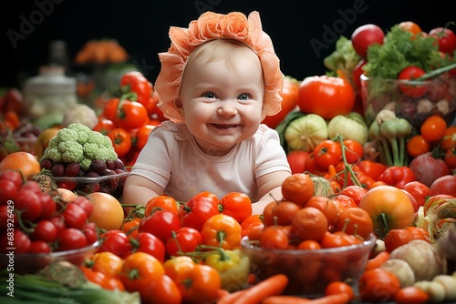 Energetic girl showcasing an array of fresh and colorful fruits and vegetables with joy