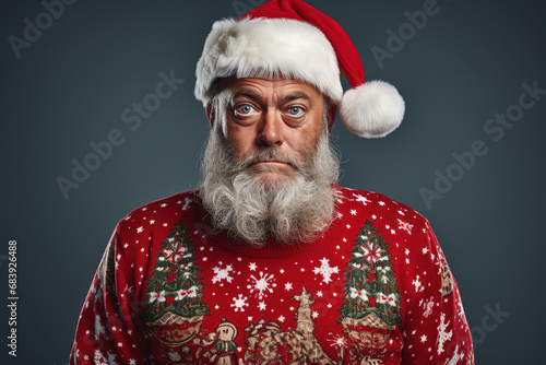 portrait of a trendy Father Christmas character wearing a festive christmas ugly jumper, generative ai 