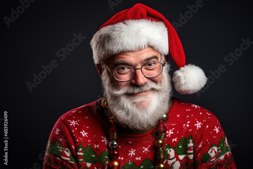 portrait of a trendy Father Christmas character wearing a festive christmas ugly jumper, generative ai 