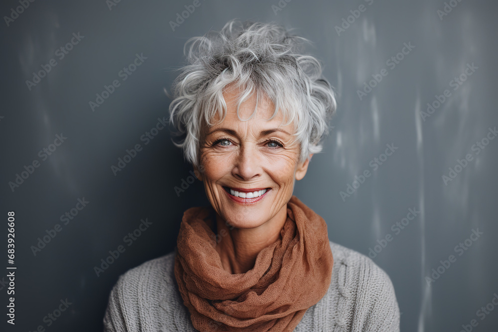 portrait of beautiful older woman smiling and standing by grey wall, generative ai 