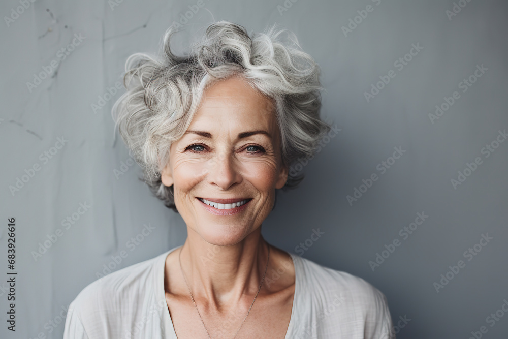 portrait of beautiful older woman smiling and standing by grey wall, generative ai 