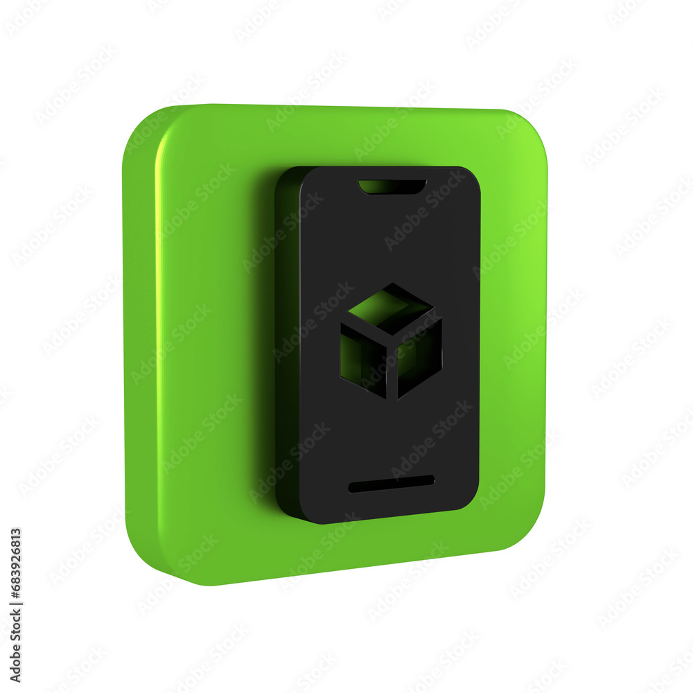 Black 3D printer software icon isolated on transparent background. 3d printing. Green square button. Black 3D printer software icon isolated on transparent background. 3d printing. Green square button.