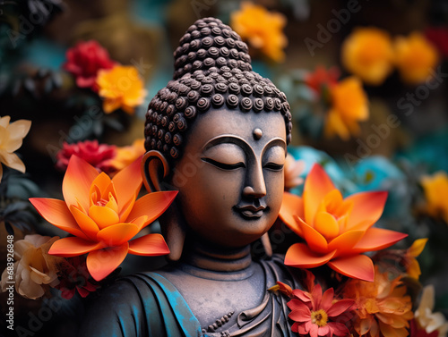 Buddha statue in the garden with lotus flowers.