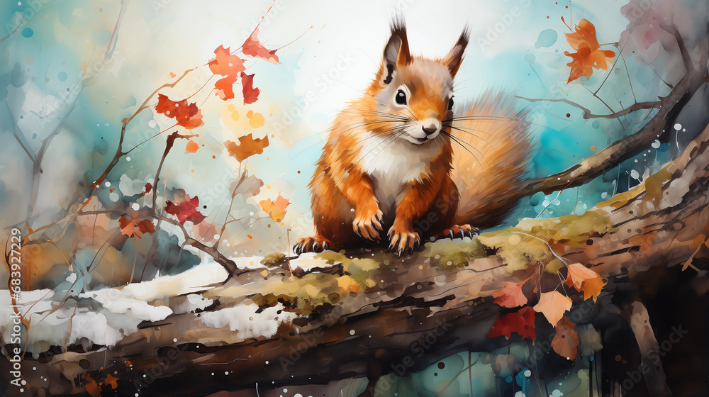 Obraz premium a vibrant squirrel on a branch amidst falling autumn leaves