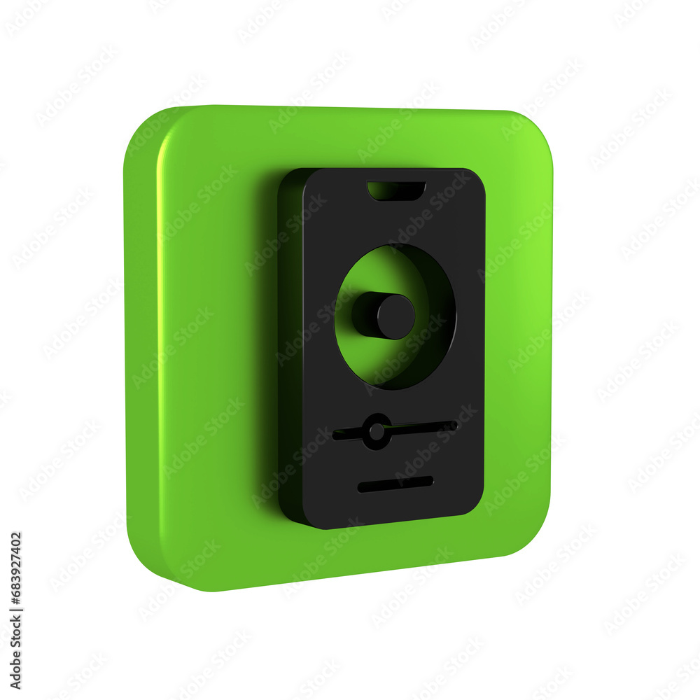 Black Music player icon isolated on transparent background. Portable music device. Green square button. Black Music player icon isolated on transparent background. Portable music device. Green square button.