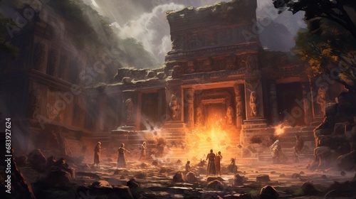 A sacred ritual performed amidst ancient ruins, the echoes of prayers merging with the winds of the divine.