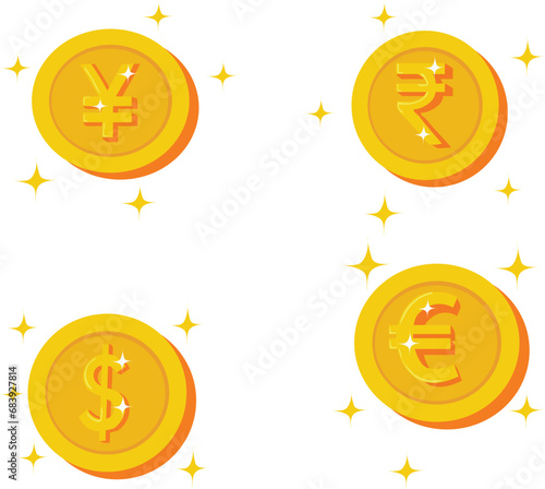 set of coins yen euro rupee dollar gold coins vector