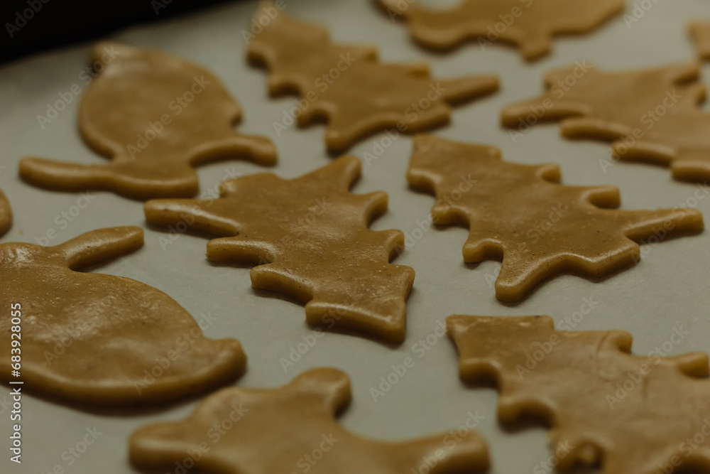 A set of curly gingerbread cookies on paper. Christmas homemade baked goods. Brown cinnamon cookie dough. Close-up, selective focus. A set of curly gingerbread cookies on paper. Christmas homemade baked goods. Brown cinnamon cookie dough. Close-up, selective focus.
