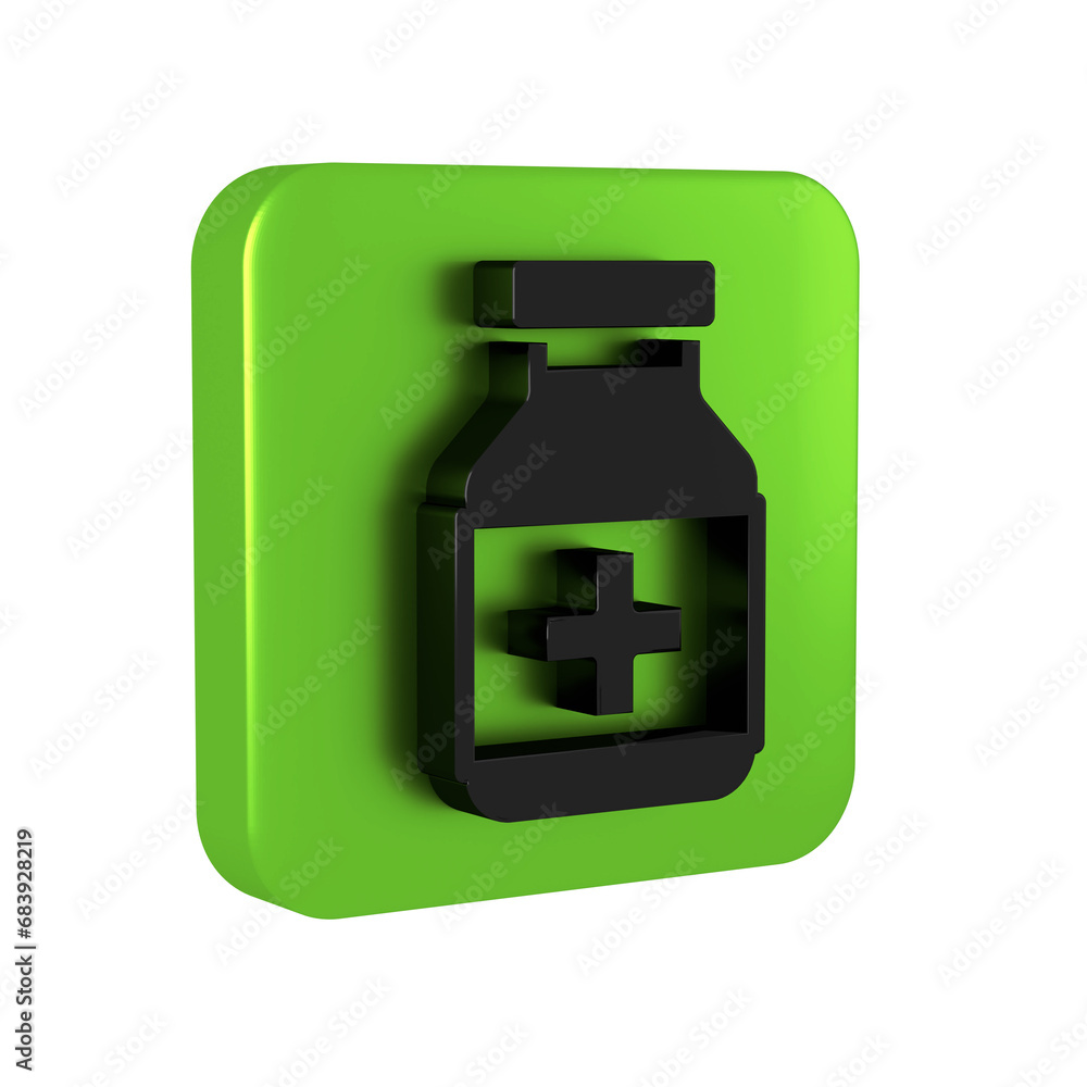 Black Medicine bottle and pills icon isolated on transparent background. Bottle pill sign. Pharmacy design. Green square button. Black Medicine bottle and pills icon isolated on transparent background. Bottle pill sign. Pharmacy design. Green square button.