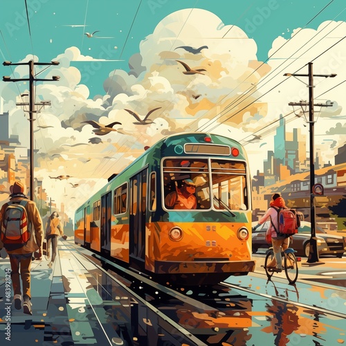Train on the city street.In retro style. Street transport. Ai generated