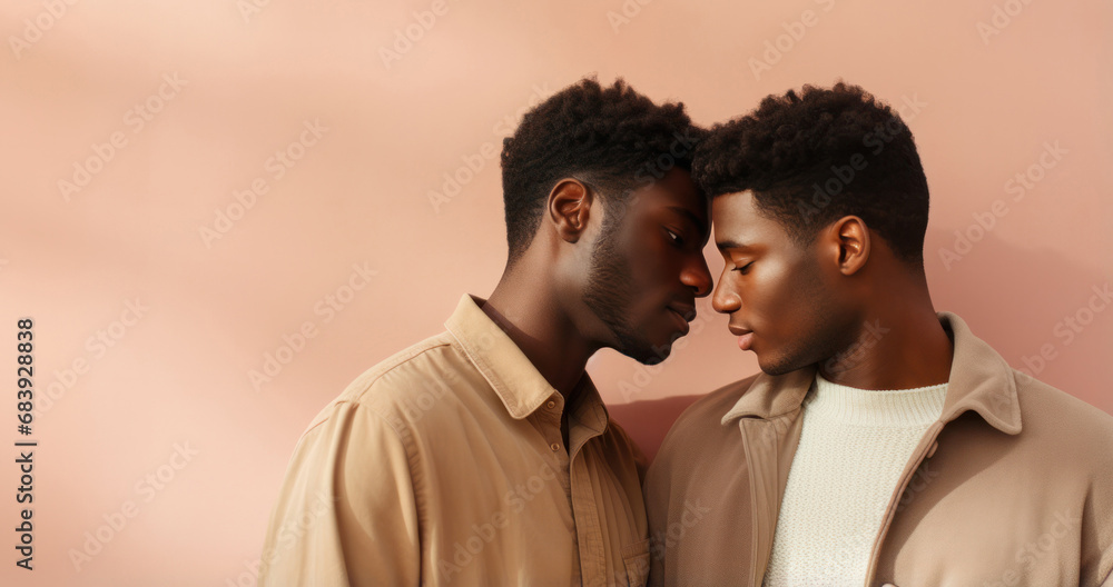 Neutral-Toned Attired Black Gay Couple in Studio Portraits: Expressions of Unrestricted Love, LGBTQ+ Valentine's Day, and Cultural Diversity Representation Neutral-Toned Attired Black Gay Couple in Studio Portraits: Expressions of Unrestricted Love, LGBTQ+ Valentine's Day, and Cultural Diversity Representation