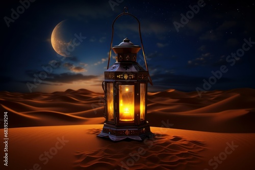 Weathered Ramadan lantern in desert. Islamic crescent star. Generate Ai
