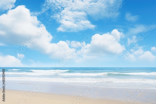 Glittering Ocean beach blue sky day. Relax horizon. Generate Ai