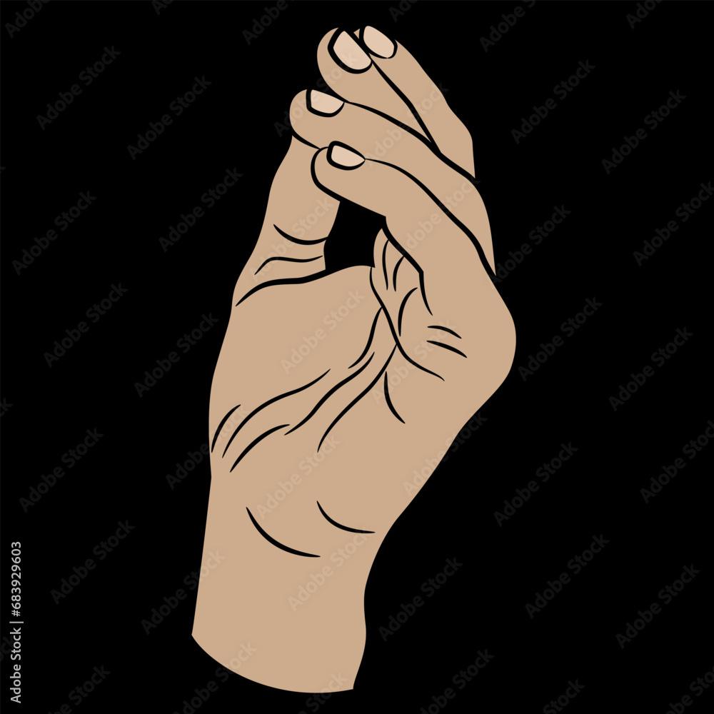 Raised up human hand in pinch or snap gesture. Cartoon style. On black background. Raised up human hand in pinch or snap gesture. Cartoon style. On black background.