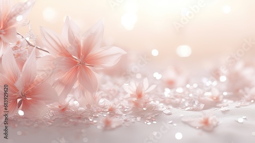 Whimsical snowflakes and crystalized flower petals gracefully scattered over a soft coral surface.  © Dannchez