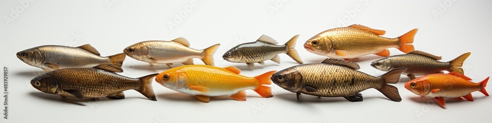 Colorful Group of Nine Fish Against White Background Colorful Group of Nine Fish Against White Background
