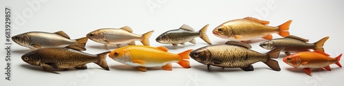 Colorful Group of Nine Fish Against White Background
