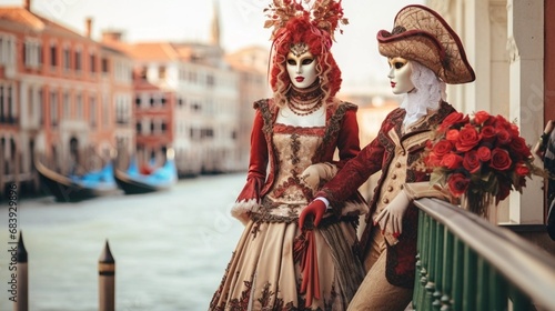 stockphoto, stockphoto, portrait of coupleduring carnival in venice. Must-see place in Italy, europe. Beautiful costumes during carnival celebration in Venice, Wonderful almost magical atmoshpere, moo © Dirk